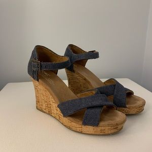 Tom’s chambray fabric cork wedge sandal